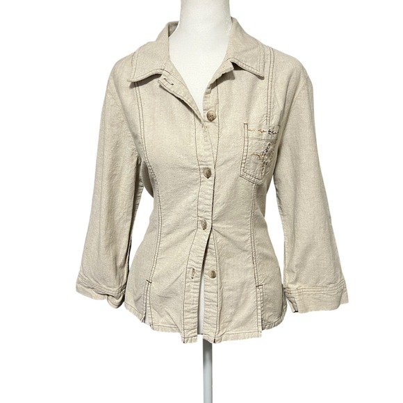 Bobbie Brooks Jackets & Blazers - Bobbie Brooks Y2K Embroidered Cotton Jacket Button Front‎ 3/4 Sleeve Oatmeal L
